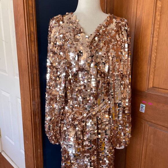 NWT ASOS Edition Womens Gold Sequin Midi Dress Wrap Style With Tie Waist SZ 6 - Picture 3 of 11
